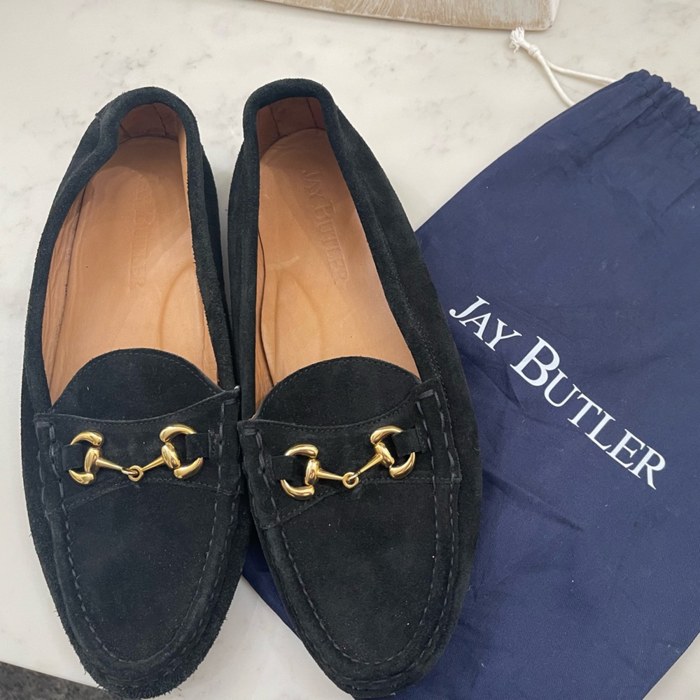 Jay Butler Black Loafers with Gold Accents